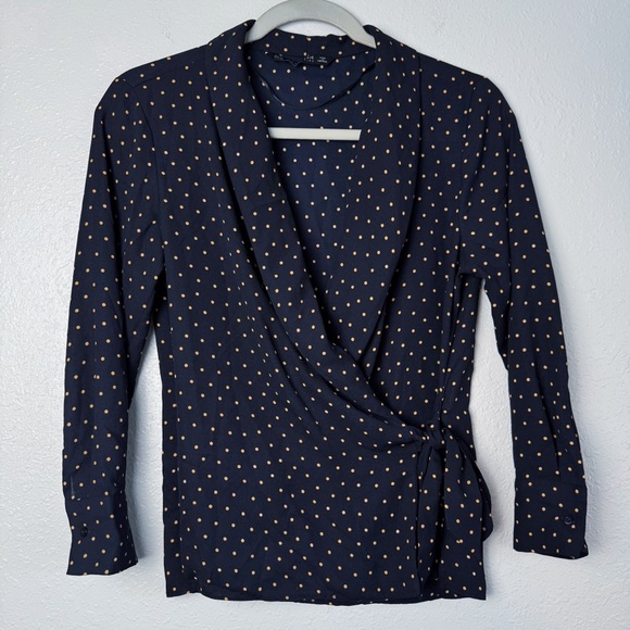 Zara navy blue orange polka dot long sleeve warp top blouse top XS - Picture 9 of 9
